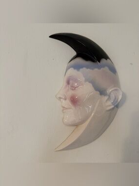 Vintage 80s Ceramic Crescent Moon Face Wall Art